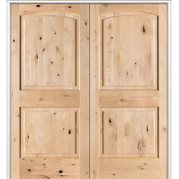 64 in. x 80 in. Rustic 2-Panel Arch Top Universal Unfinished Knotty Alder Wood Double Prehung Interior Door
