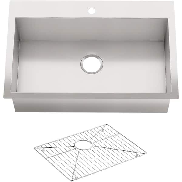 KOHLER Vault Dual Mount Stainless Steel 33 in. 1-Hole Single Bowl Kitchen Sink with Basin Rack