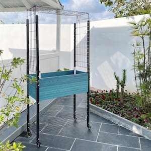 Self-Watering 18 in. D x 72 in. H x 36 in. W Blue Composite Mobile Elevated Plante with Arch Trellis and UnderShelf