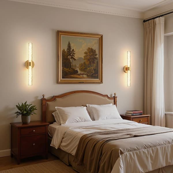 21 in.2-Light Gold Stone Pattern Integrated LED Wall Sconce Set of 2, 3000K Wall Decor for Bedroom and Living Room