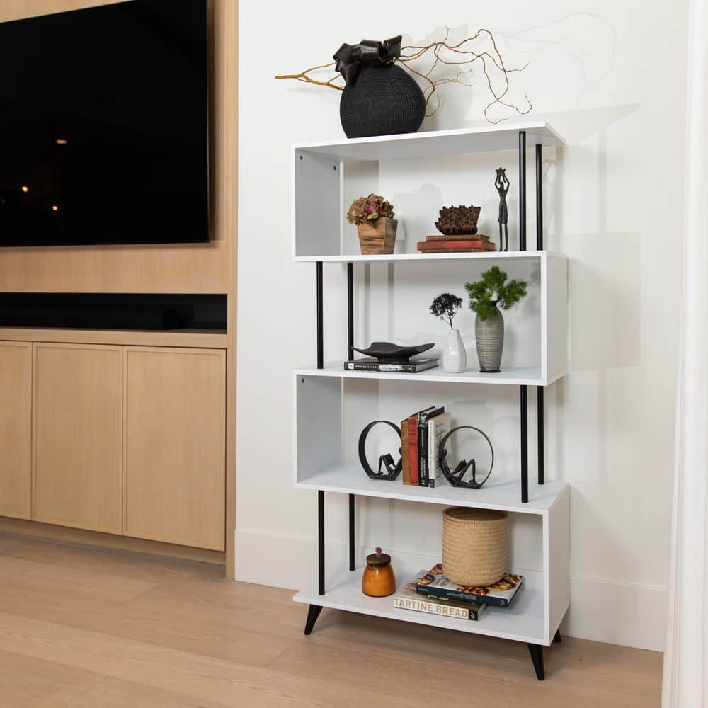 White and Black 5-Tier S-Shaped Modern Wood Bookcase