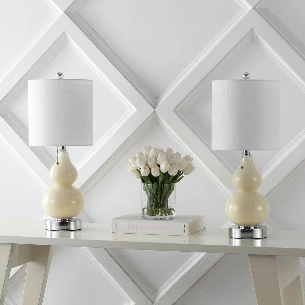 22" Cream Linen Drum Shade LED Table Lamp Set with USB Port