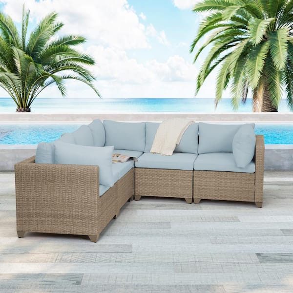 TK CLASSICS Maui 5-Piece Wicker Patio Conversation Set with Sky Blue Cushions