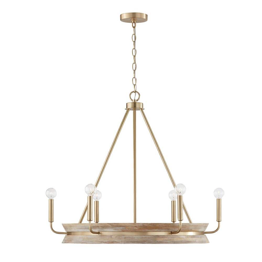 Finn 31 in. 6-Light White Wash Wood and Matte Brass Chandelier and No Bulbs Included price history on PriceWatchPro