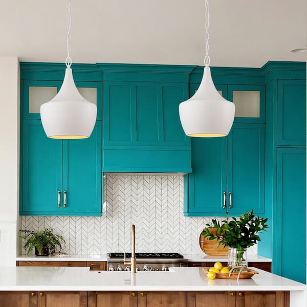 Plano 1-Light 11.8-in.W White Pendant Light Metal Geometric Barn Pendant Light for Kitchen Island and Dining Room