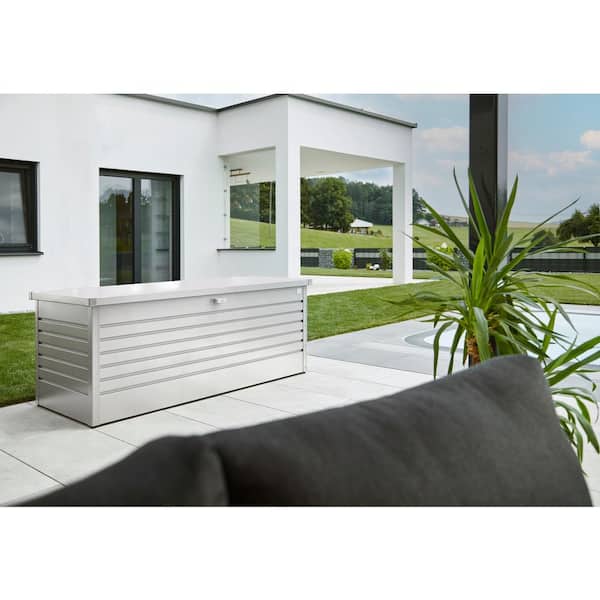 28 in. H x 71.3 in. W x 31.1 in. D Leisuretime 210 Gal. Metallic Silver Steel Deck Box