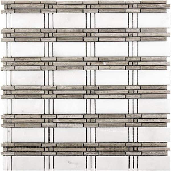 White and Gray 12 in. x 12 in. Accent Strip Polished Marble Mosaic Tile (5.00 sq. ft./Case)