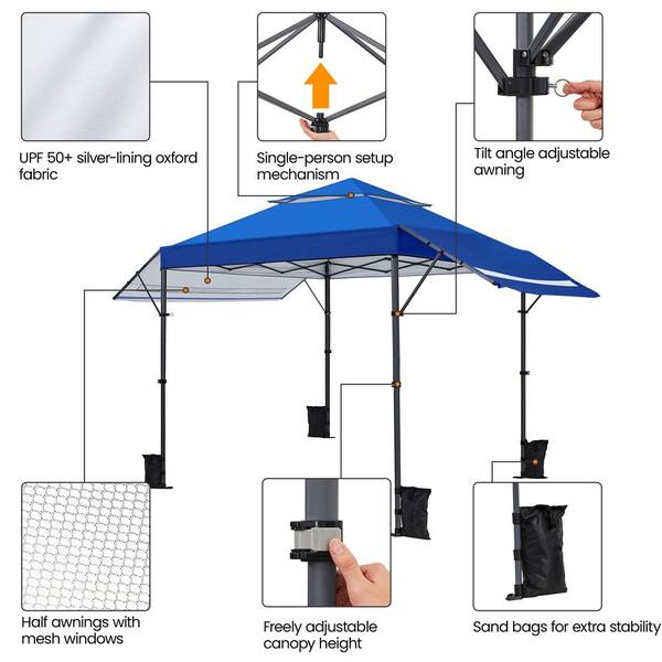 Patiojoy Pop Up Gazebo Tent 17'x10' Adjust Dual Half Awnings Folding Blue