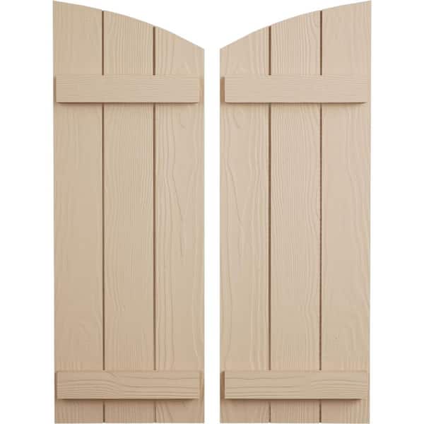 Ekena Millwork 16.5 in. x 82 in. Polyurethane Sandblasted 3-Board Joined Board and Batten Elliptical Top Faux Wood Shutters Primed Tan