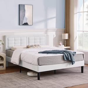 Upholstered Bed White Wood and Metal Frame Full Platform Bed with Adjustable Headboard Bed Frame
