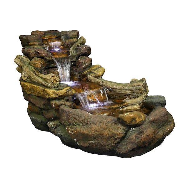 Watnature 19 in. Creek Outdoor Fountains Soothing Tranquility Cascading Faux Rock Waterfall Feature with LED Lights for HomeGarden