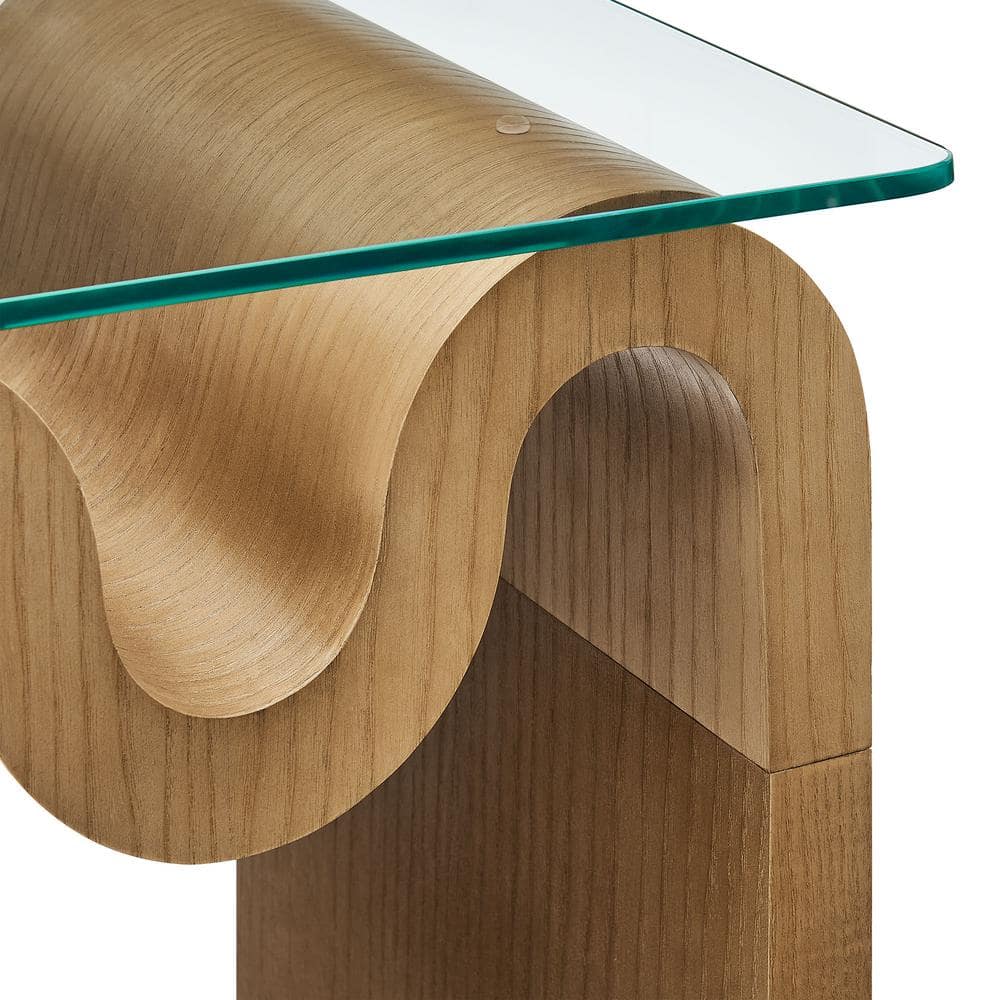 Natural Ash Veneer Wave Base Glass Top Side Table