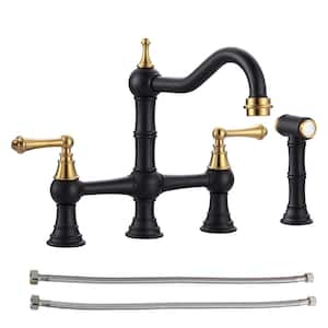 Antique Design Double Handle Bridge Kitchen Faucet with Side Sprayer in Black and Gold