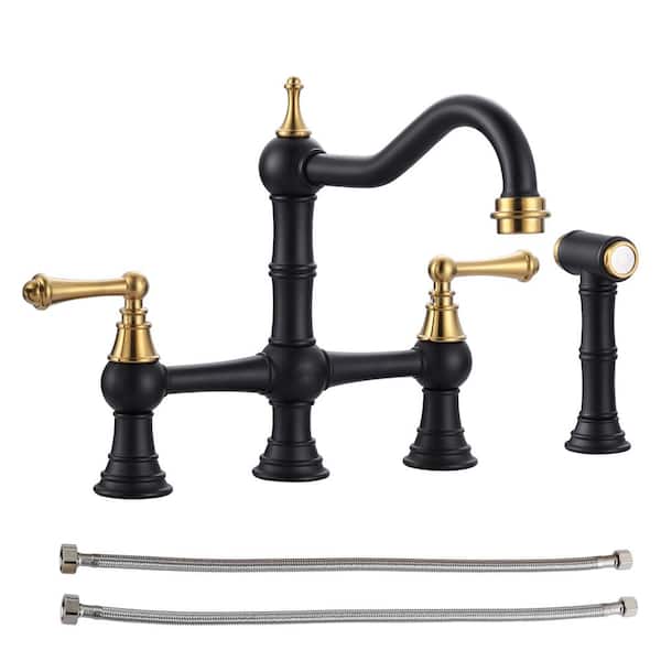 AVITAS Antique Design Double Handle Bridge Kitchen Faucet with Side Sprayer in Black and Gold