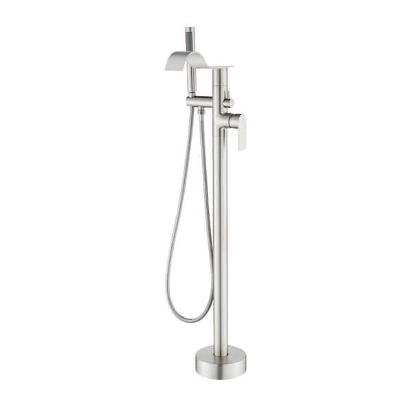 Single Handle Floor Mount Bathtub Faucet Freestanding Tub Filler Standing Shower Faucets with Handheld Shower in Nickel