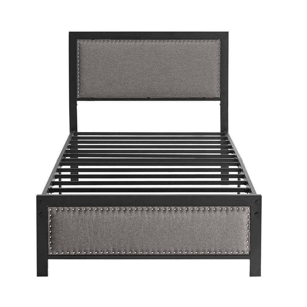 小物 BLANC. BM005 TAUPE / M.GRY VECELO Metal Twin Gray Bed Frame with Linen Upholstered