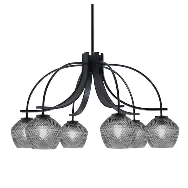 Unbranded Olympia 18 in. 6-Light Matte Black Downlight Chandelier Smoke Textured Glass Shade
