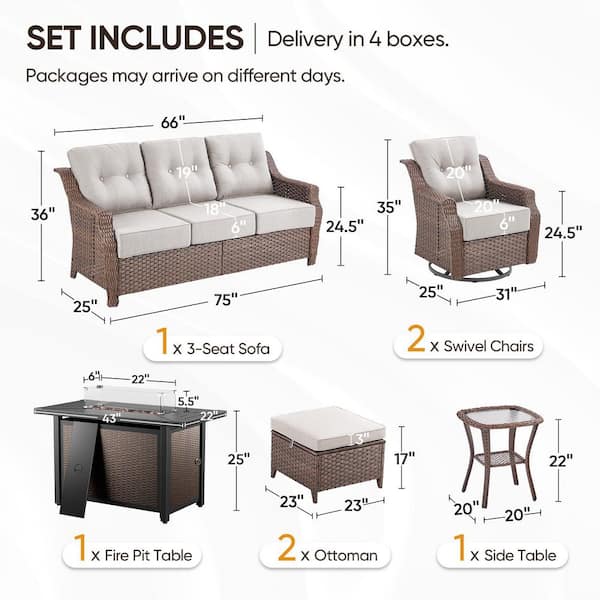 Modern Farmhouse 7-Piece Brown Wicker Patio Fire Pit Conversation Set with Beige Cushions and Rectangle Metal Fire Pit