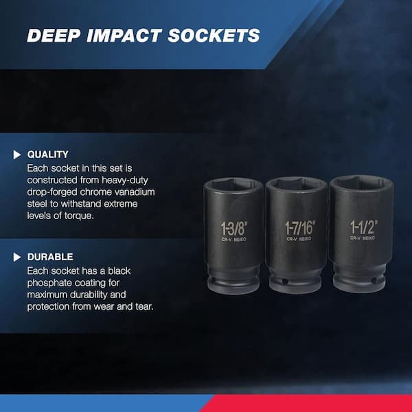NEIKO 3/4 in. Drive Deep/Jumbo Impact Socket Set, SAE 1 in. to 1-1