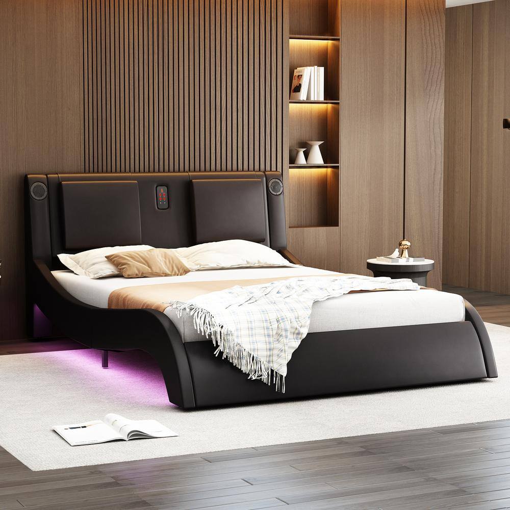 FUFU GAGA Black Wood Frame Queen Size Bed Platform Bed Massage Headboard Color Changing LED Lights USB Bluetooth Speaker KF330106 01 The Home Depot