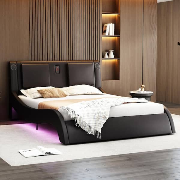 FUFU&GAGA Black Wood Frame Queen Size Bed Platform Bed, Massage Headboard, Color-Changing LED Lights, USB, Bluetooth Speaker