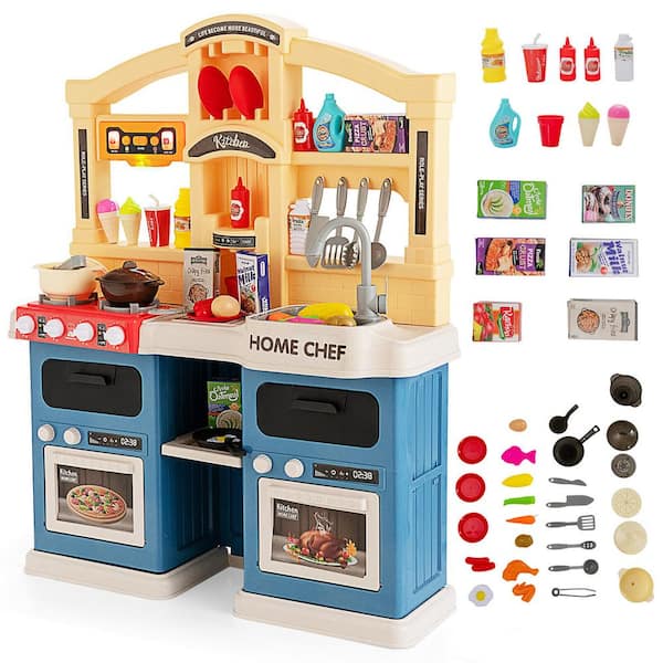 Gymax Kids Play Kitchen Set 69-Pieces Kitchen Playset Toys with Realistic Lights and Sounds Blue