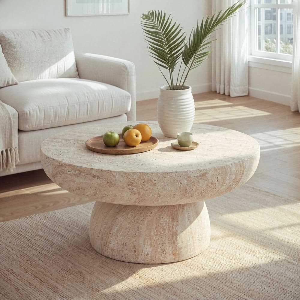 Modern 27.5 in. Travertine Round MGO Stone Indoor and Outdoor Coffee Table price history on PriceWatchPro