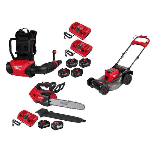 M18 FUEL 155 MPH 650 CFM 18V Brushless Cordless Dual Battery Backpack Blower Kit w/ M18 Mower, M18 Top Handle Chainsaw