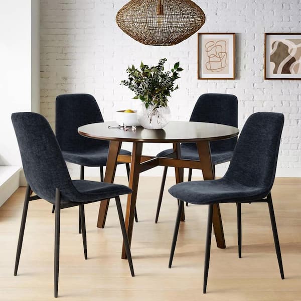 LAOTIES Dark Blue Upholstered Dining Chair with Black Metal Legs