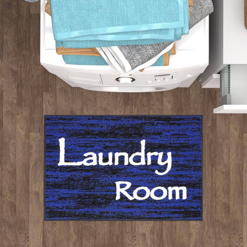 Blue and Black Synthetic Non-Slip Rectangular Laundry Room Rug