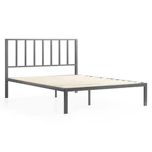 Lori Gray Queen Metal Platform Bed Frame with Vertical Bar Headboard - Wood Slats