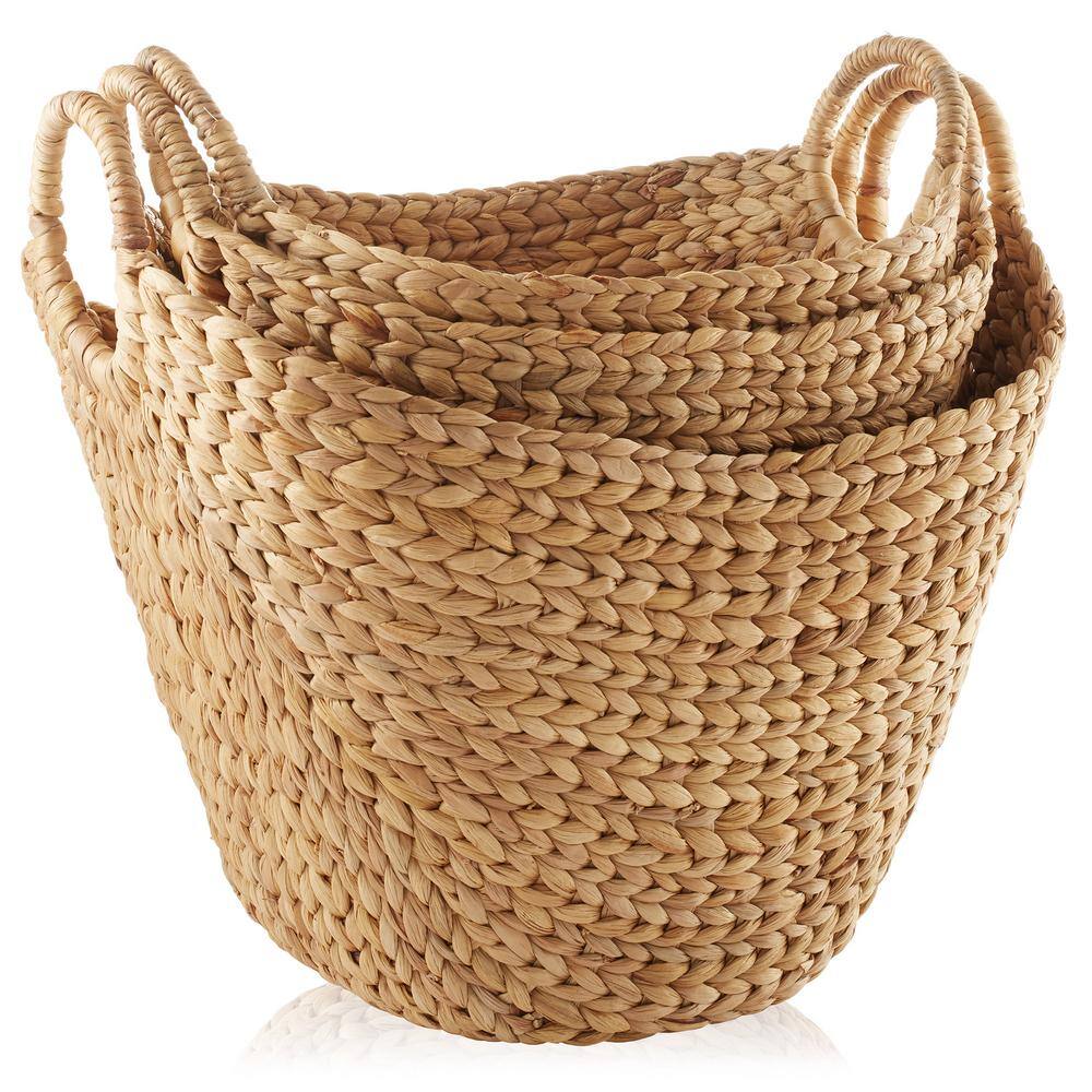 Natural Woven Water Hyacinth Oval Storage Baskets with Handles, Set of 3