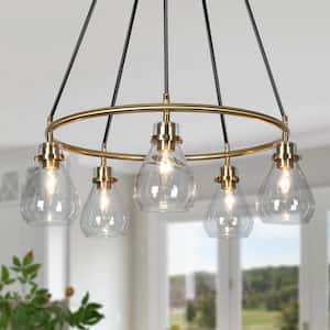 Modern Dining Room Wagon Wheel Chandelier 5-Light Electroplated Brass Chandelier with Teardrop-Shaped Clear Glass Shades