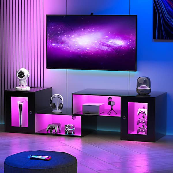 VECELO Deformable TV Stand with LED Strip and Power Outlet TV Console up to 70 in. Television 23+4 Flashing Options Black