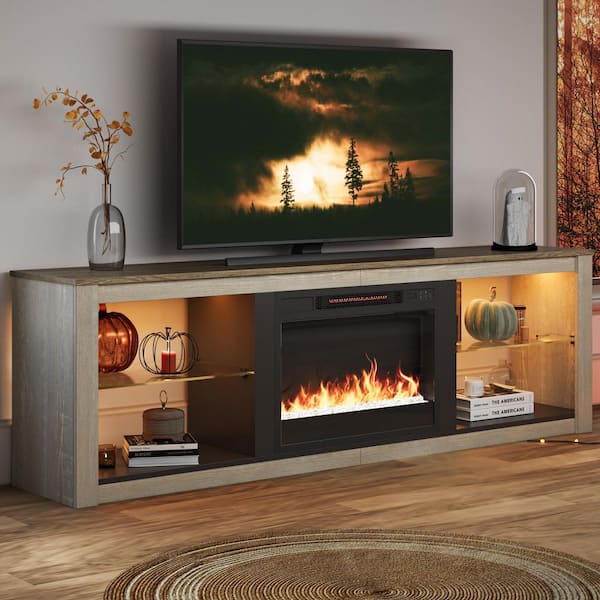70.8 in. Light Grey TV Stand with Fireplace Fits TVs up to 75 in. LED Entertainment Center