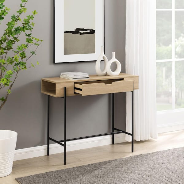 Welwick Designs 41 in. Coastal Oak/Black Rectangle Wood and Metal Modern Console Table with Storage