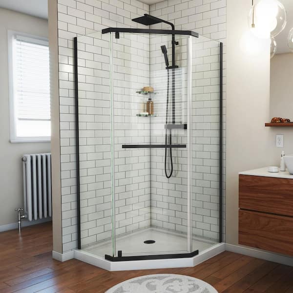 DreamLine Prism 40 in. W x 74.75 in. H Neo Angle Pivot Semi-Frameless Corner Shower Enclosure in Black with White Shower Base
