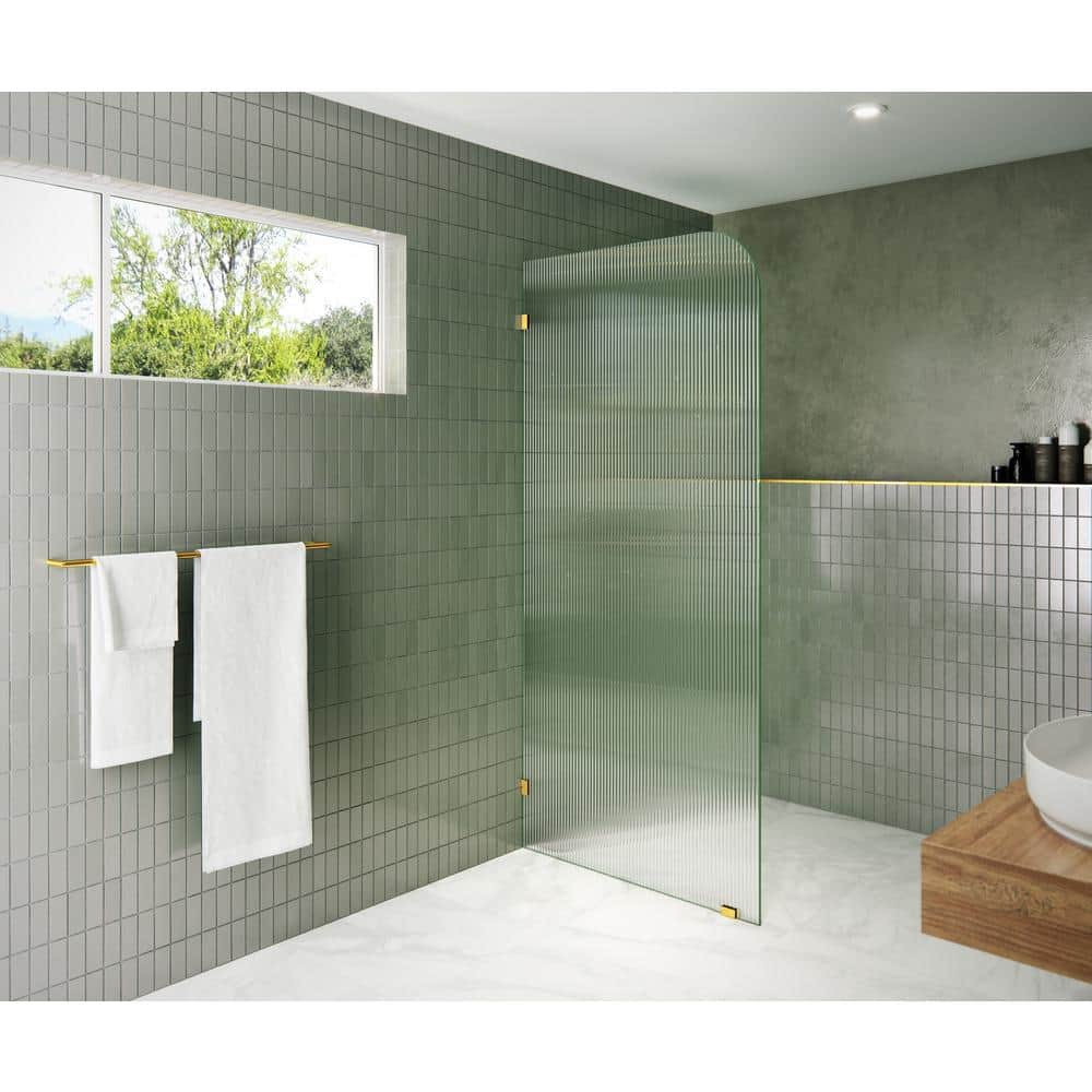 Aurora 34" x 78" Fluted Frosted Glass Frameless Shower Panel with Satin Brass Hardware