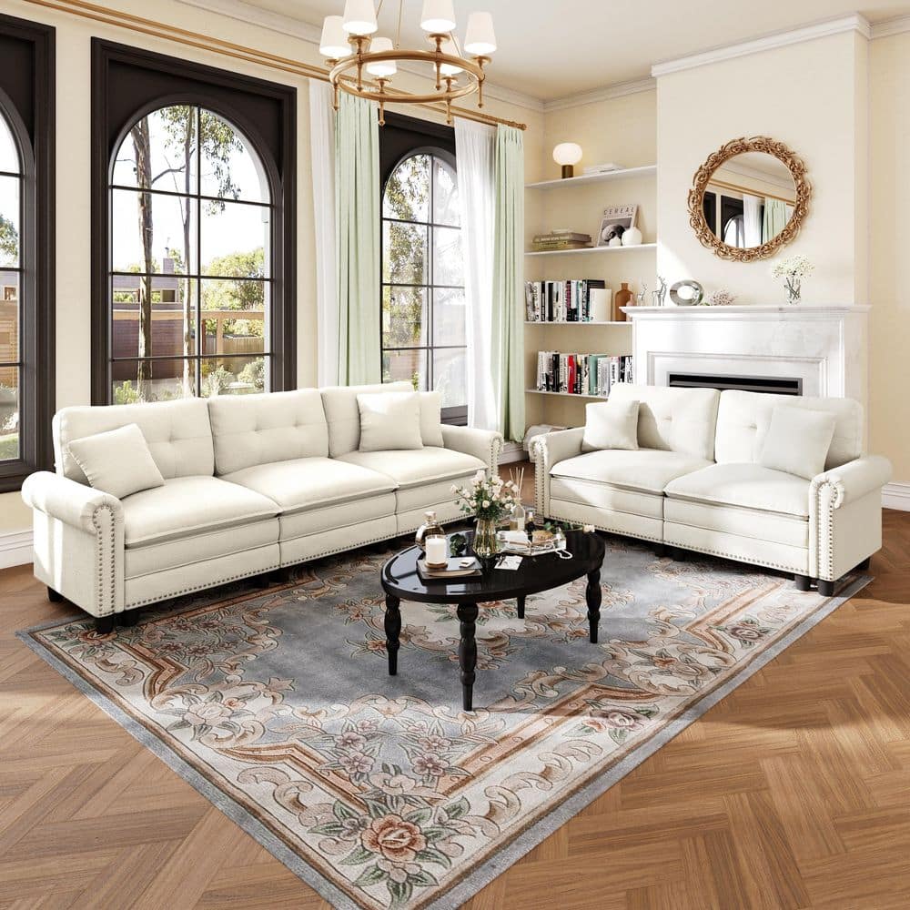 113.8 in. Roll Arm 5-Seat Chenille Modular Sectional Sofa in. Beige with Throw Pillows