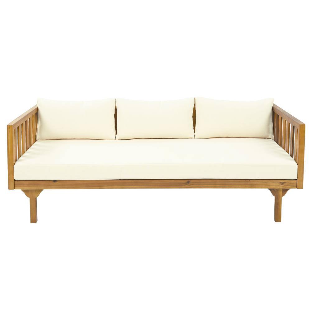 Wood Outdoor 3-Seater Teak Wood Day Bed, Chaise Lounge with Cushion Guard and Wood Arms, Beige Cushion price history on PriceWatchPro