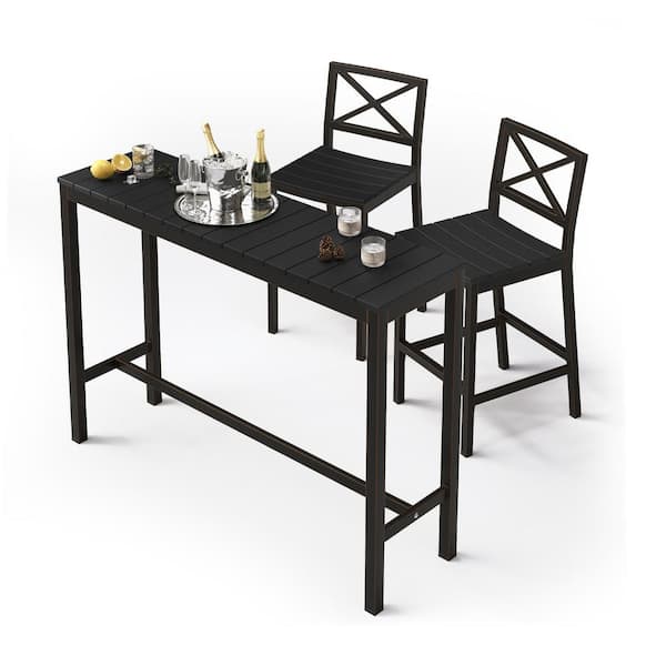 LUE BONA Humphrey 5 Piece 55 in. Black Aluminum Outdoor Patio Dining Set Serving Bar Set HDPS Top With Armless Bar Chairs