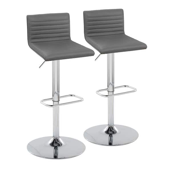 Lumisource Mason 43 in. Adjustable Height Grey Faux Leather & Chrome Metal Bar Stool with Rounded Rectangle Footrest (Set of 2)