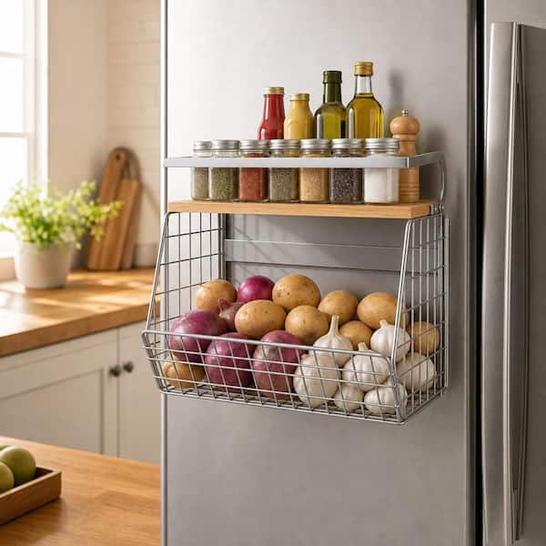 Magnetic Shelf with Lid, Fruit, Vegetable Storage Bin and Rack for Refrigerator, Kitchen Counter and Cabinet, Silvergray