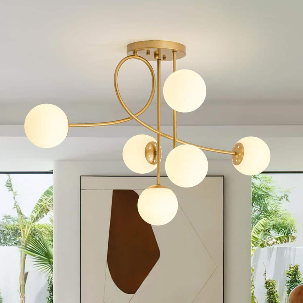 HUOKU Ceder 6-Light 35.4 in. W Brass Semi-Flush Mount Modern