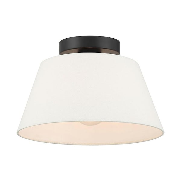 Meridian 12 in. W x 7.5 in. H 1-Light Matte Black Modern Semi-Flush Mount with White Linen Fabric Shade