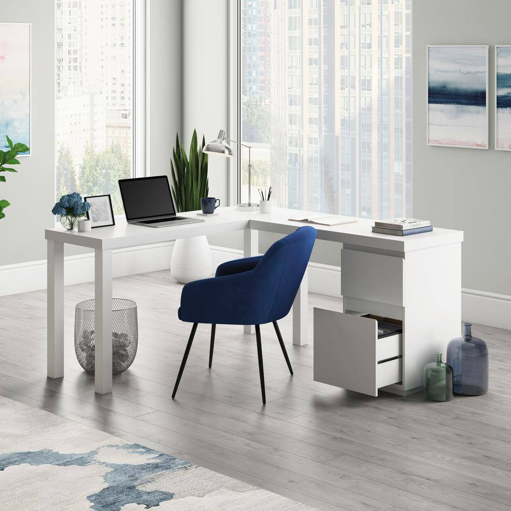 Executive White L-Shaped Desk with Filing Cabinet and Drawers