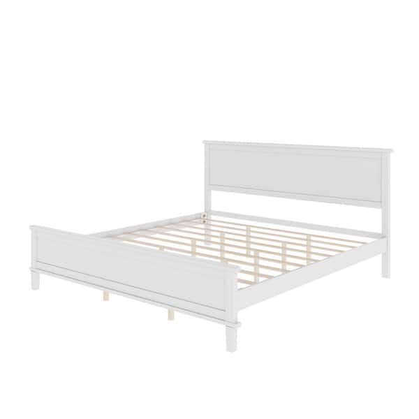 White Wood Frame King Platform Bed with Headboard and Wood Slat Support
