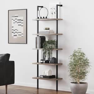 Theo 73 in. Rustic Gray Oak/Black Wood 5-Shelf Ladder Bookcase with Black Metal Frame