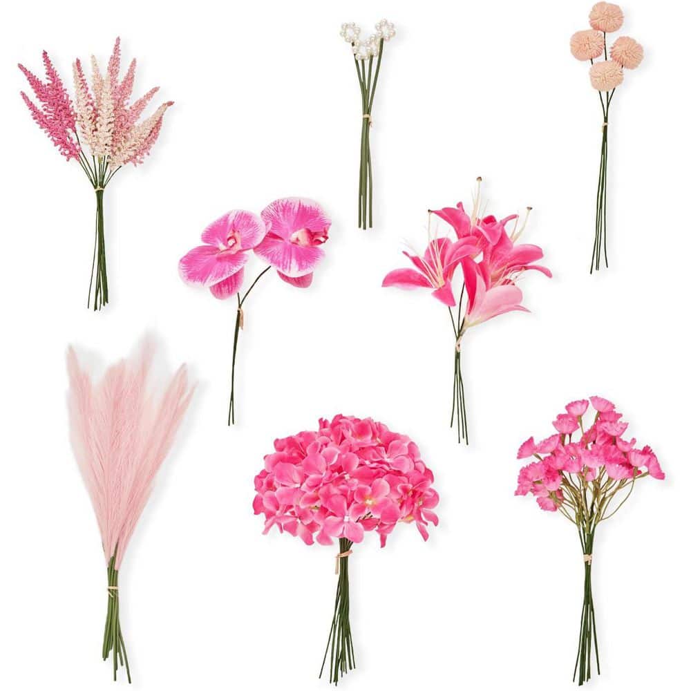 Artificial Greenery Stems Set 62pcs Hot Pink Hydrangea Astilbe