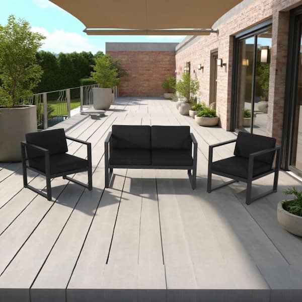 Novi Dark Gray 3-Piece Metal Outdoor Loveseat with Black Cushion and 2-Chairs